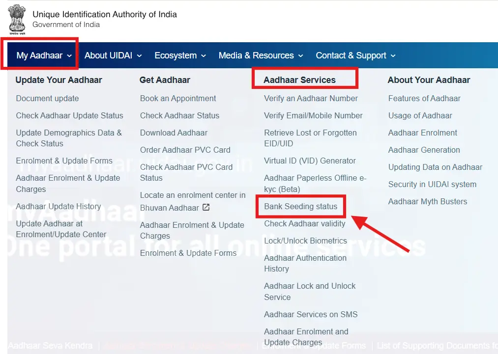 UP Scholarship Aadhaar Seeding करें और Status Check करें? 3 udai Bank seeding status check